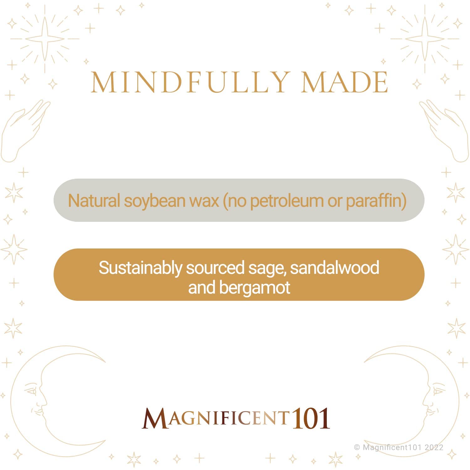 Magnificent 101 Long Lasting New Moon Aromatherapy Candle | 6 Oz - 35 Hour Burn Time | All Natural Soy Wax Candle with Sage, San